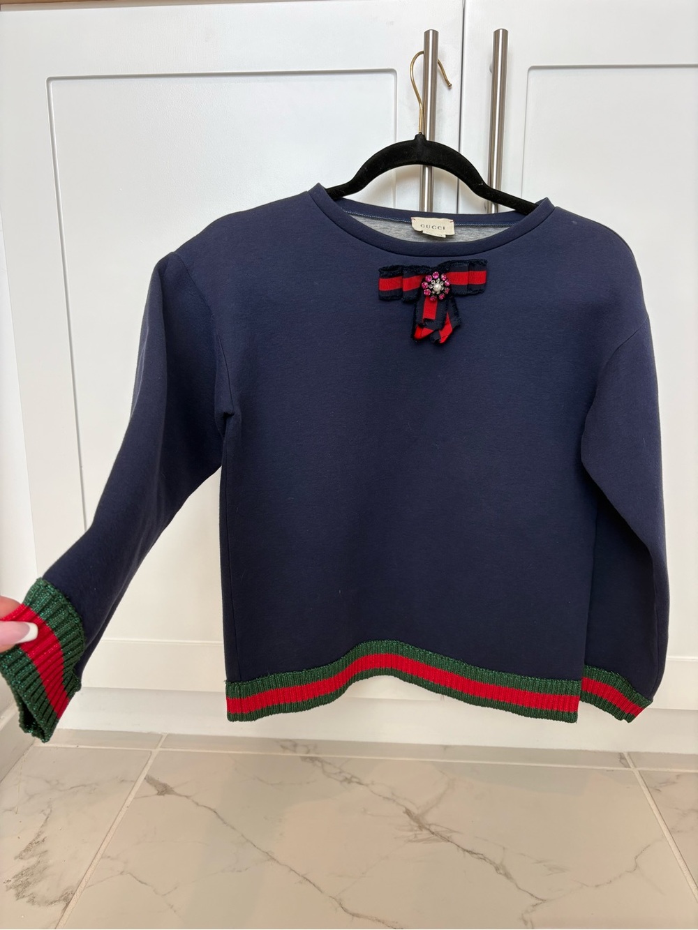 Gucci Navy Top with Red & Green Ribbon Bow and Crystal Brooch